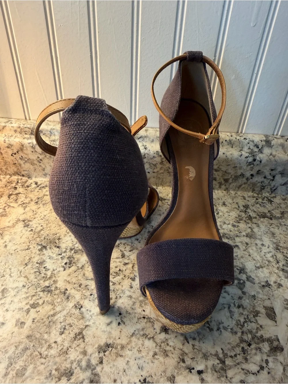 Tory Burch Amina Fabric Denim Platform Ankle-Strap Stiletto Heels Sexy 5” Linen